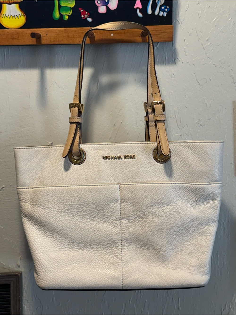 Michael Kors White Leather Bedford Tote with Tan Handles